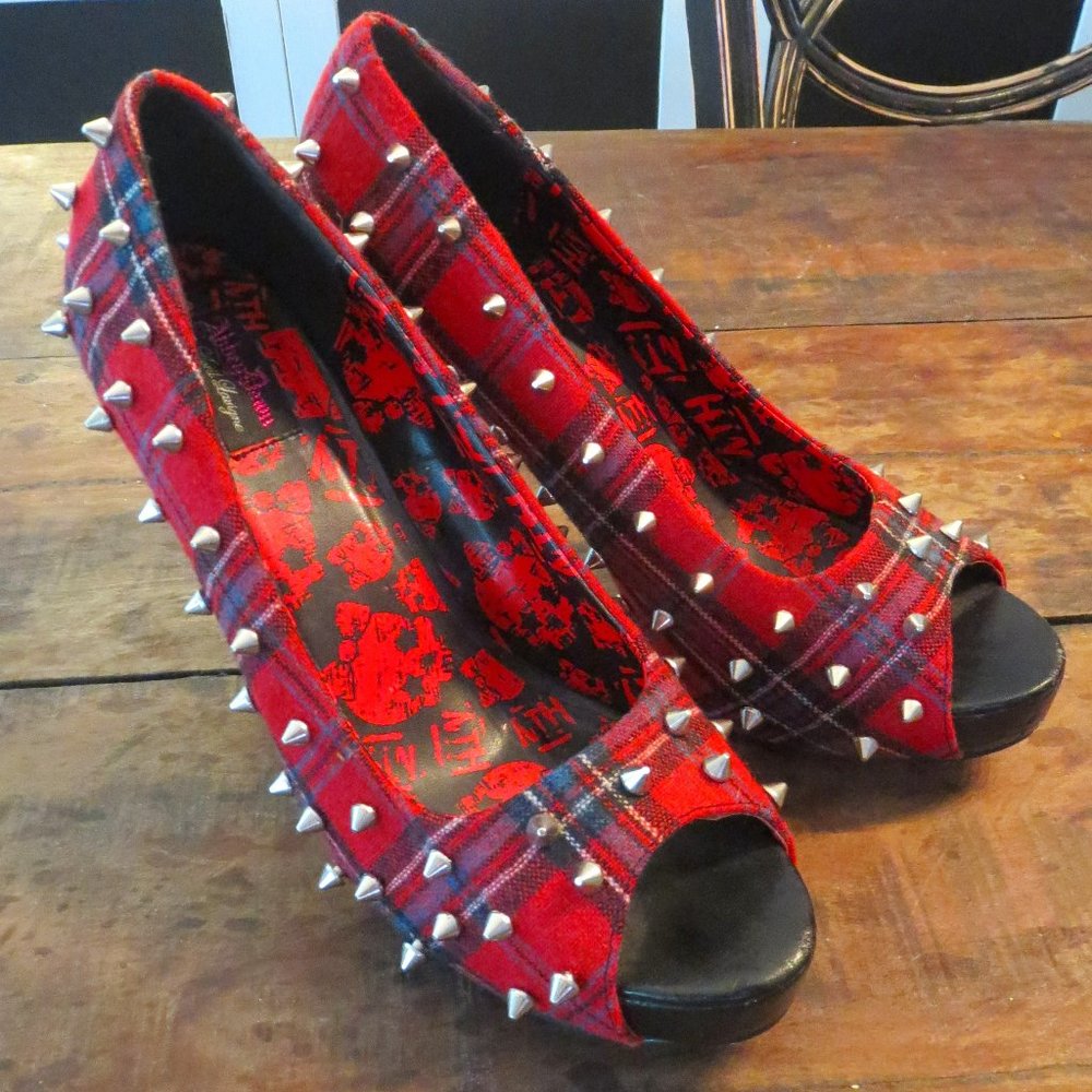 Abbey Dawn by Avril Lavigne Plaid Spiked Peep Toe HEELS Goth Pin Up Girl sz 11